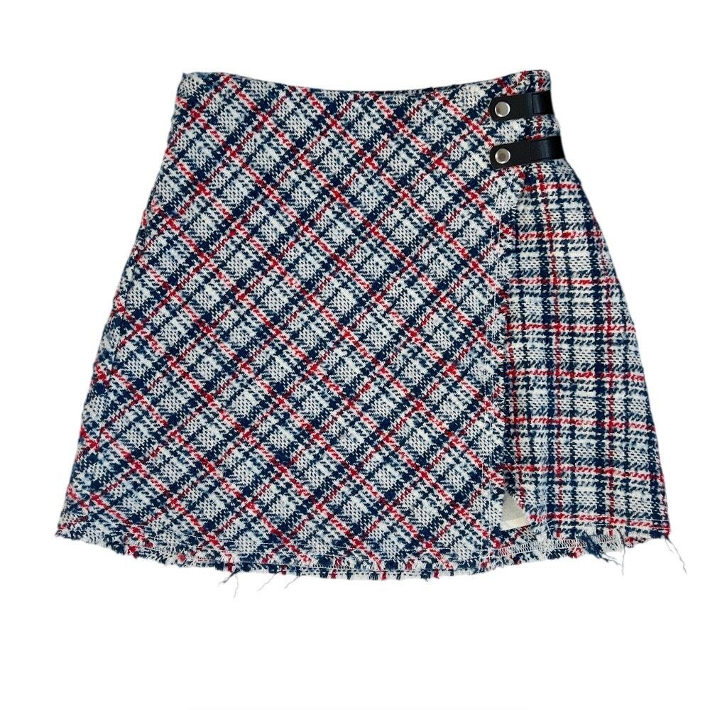 Urban Outfitters Huntley Wool Blend Mini Skirt Plaid Tweed 90s Wrap Sz XS